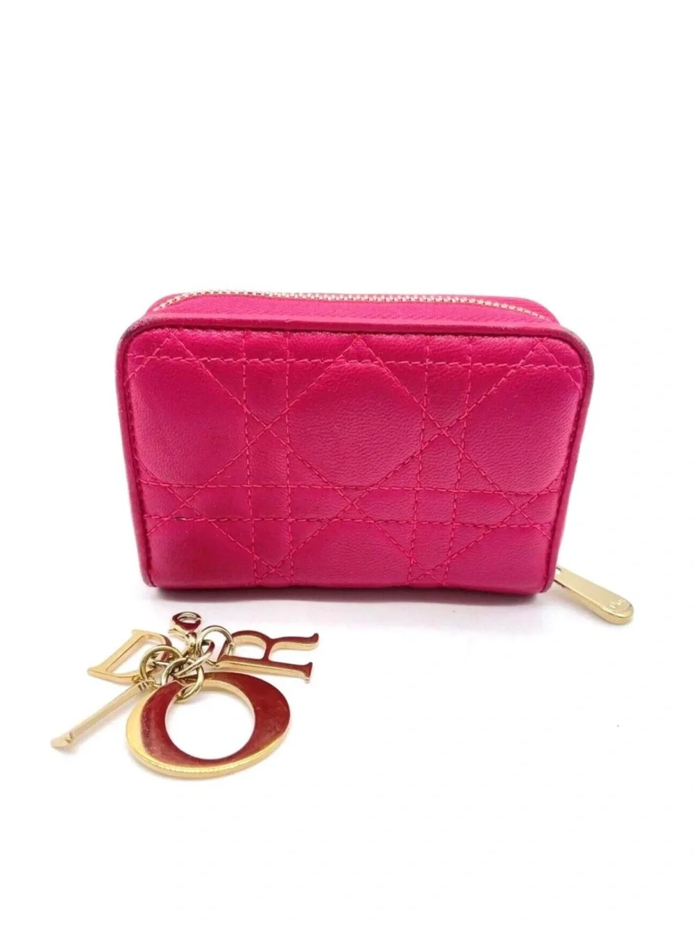 Authentic Christian DIOR Pink Cannage Leather Compact Zip Around Wallet EUC